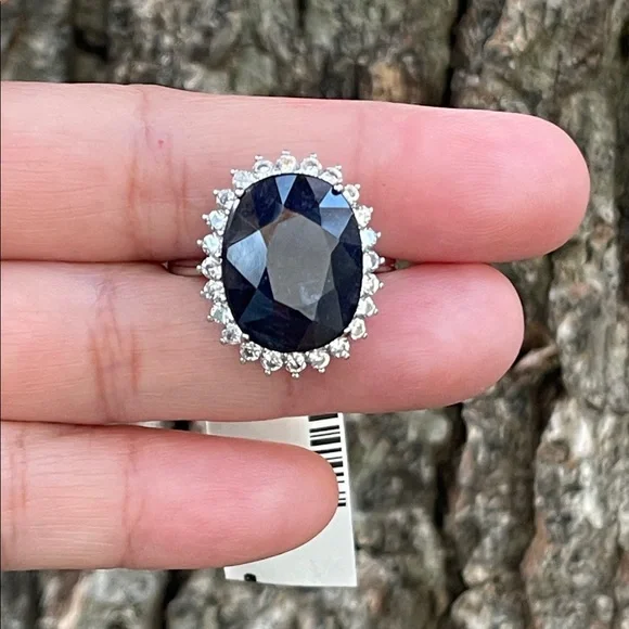 NWT Natural Sapphire 16X13mm CZ accents Statement Ring S10 Unheated/ Untreated - Picture 1 of 14